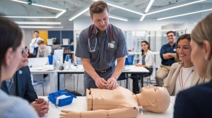 Employés en situation de formation SST à Paris, apprenant les gestes de premiers secours en entreprise