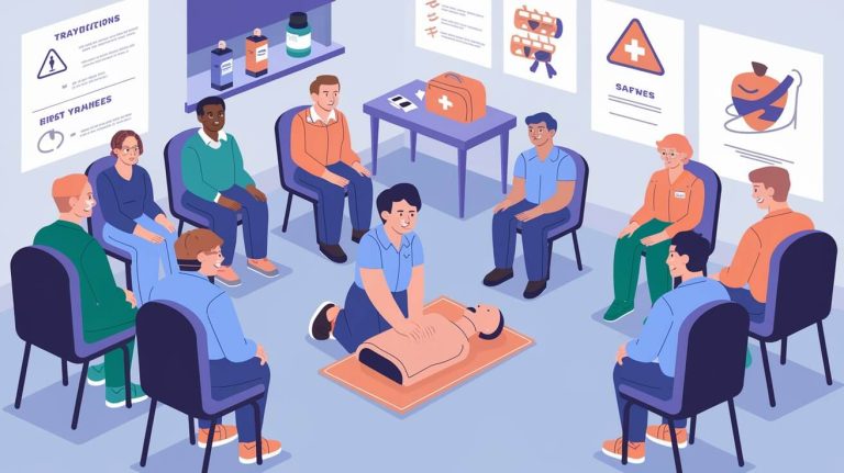 Formation SST initiale : un formateur enseigne les gestes de premiers secours à des stagiaires en entreprise.