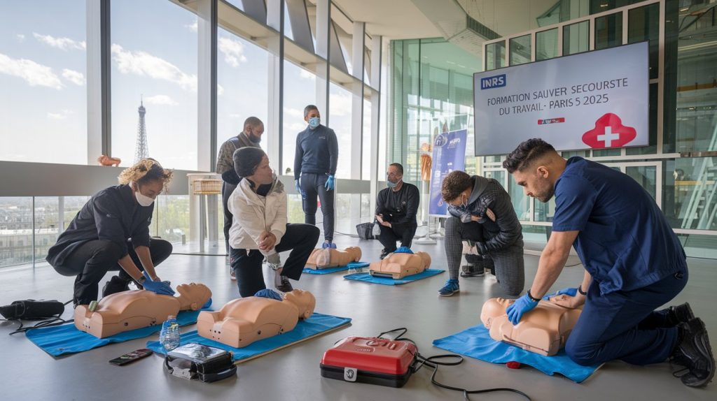 Stagiaires en formation SST à Paris en 2025 pratiquant la réanimation sur mannequins avec un formateur certifié INRS