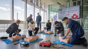 Stagiaires en formation SST à Paris en 2025 pratiquant la réanimation sur mannequins avec un formateur certifié INRS