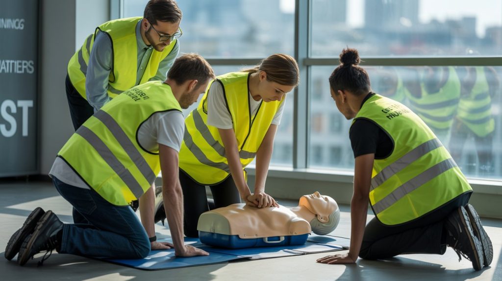 Stagiaires en formation SST à Paris pratiquant le massage cardiaque avec mannequin sous la supervision d’un formateur