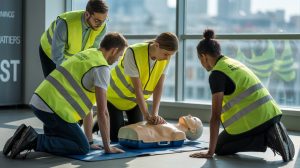 Stagiaires en formation SST à Paris pratiquant le massage cardiaque avec mannequin sous la supervision d’un formateur