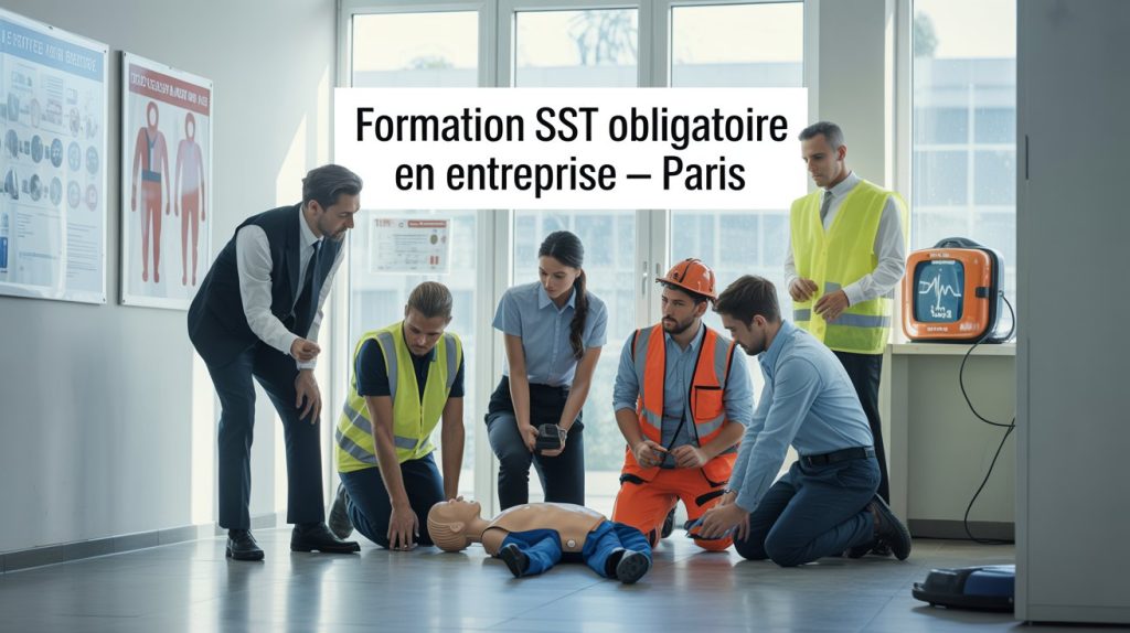 Formation SST en entreprise à Paris avec mise en pratique des gestes de premiers secours par un groupe de stagiaires