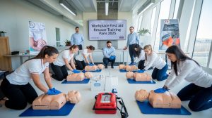 Stagiaires en formation SST pas chère à Paris apprenant les gestes de premiers secours avec un formateur certifié