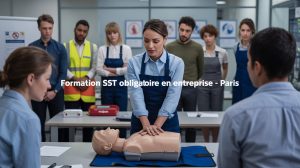 Groupe d'employés en formation SST en entreprise à Paris, apprenant les gestes de premiers secours avec un formateur agréé