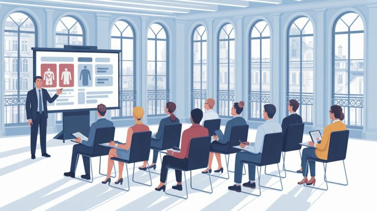 Formateur SST enseignant les gestes de premiers secours à des employés de bureau lors d’une séance de formation en entreprise.