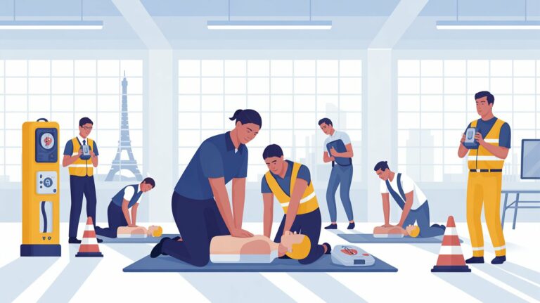 Élève réalisant un exercice de massage cardiaque sur mannequin pendant une formation SST, sous la supervision du formateur.