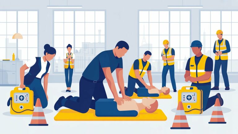 Massage cardiaque réalisé lors d’une formation SST à Paris, avec un stagiaire pratiquant les compressions thoraciques sur un mannequin sous la supervision du formateur.